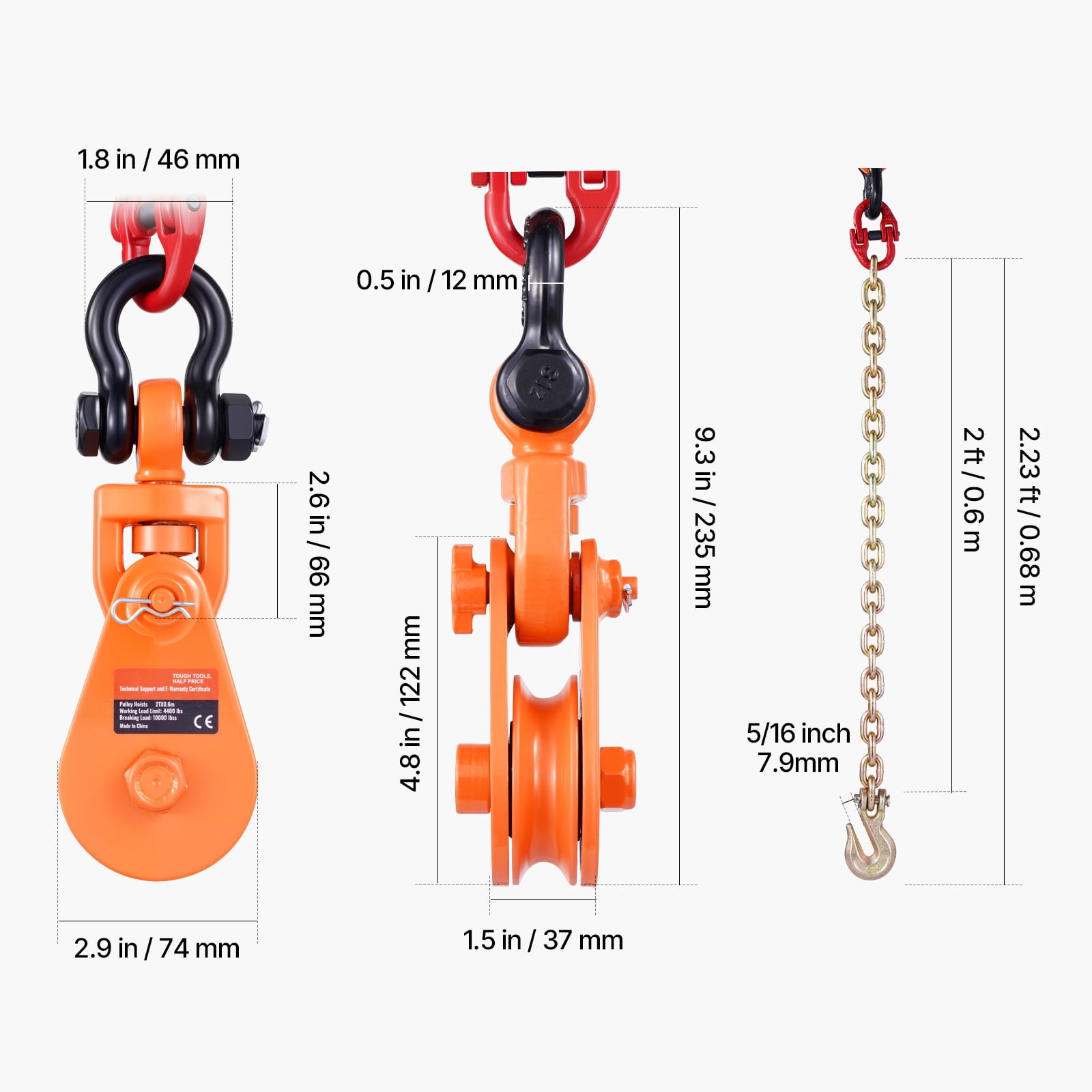 KFFKFF Snatch Block with G80 Chain, 2 Ton Capacity, 3
