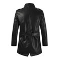 thumbnail image 4 of Men's Leather Jacket Fall Winter Thick Leather Lined Jackets Medium Long Trench Coat Stand Collar Motorcycle Outerwear 3XL, 4 of 5