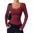 thumbnail image 2 of Women'S Long Sleeve Scoop Neck Shirts Casual Slim Fit Rib Knit Tops Summer Fall Basic Business Work Tee Wine Red XXL, 2 of 9