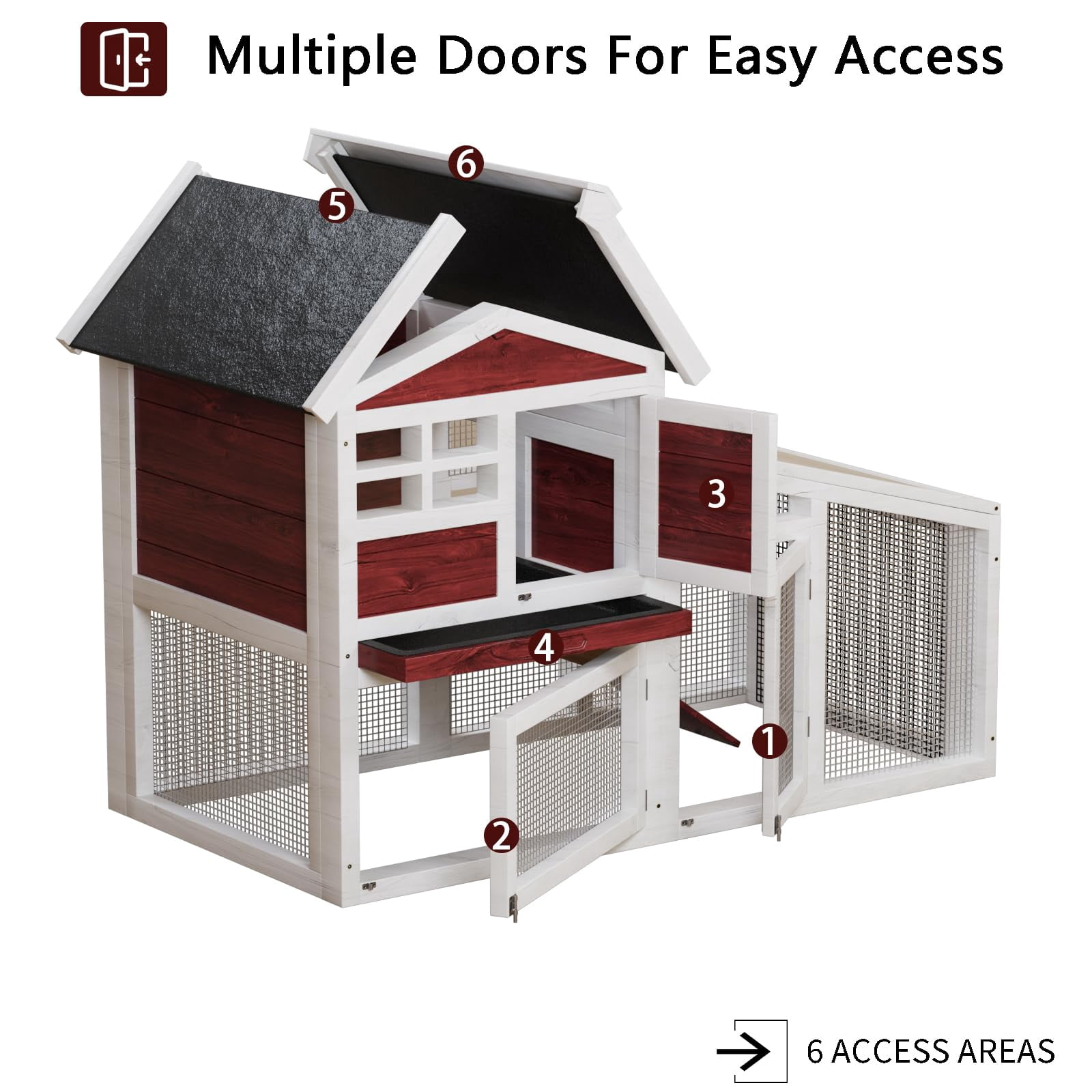Expandable 2-Story Wooden Small Animal Cage – Anti-Chew Metal Frame, Pull-Out Tray, Non-Slip Ramp, Weatherproof Asphalt Roof – Ideal Hutch for Rabbits, Guinea Pigs, Chickens, Ducks – Rufous White