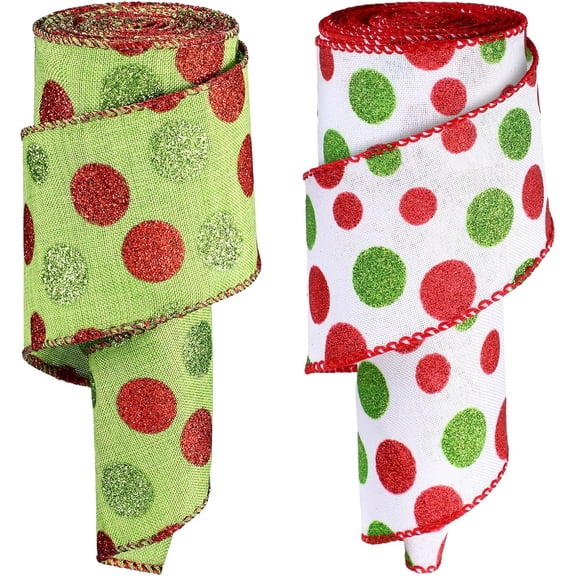2 Rolls Wired Ribbon Christmas Tree Burlap Ribbon Green Red Glitter Polka Dot Sparkly Christmas Tree Decoration DIY Bows Wreath 2.5 Inch X 6 Yard Per Roll