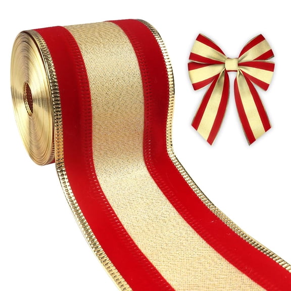 Hying 1 Roll Christmas Gold Ribbon for Wreath Bow,Red Velvet Gold Edge Ribbon 2.5" x 10 Yd