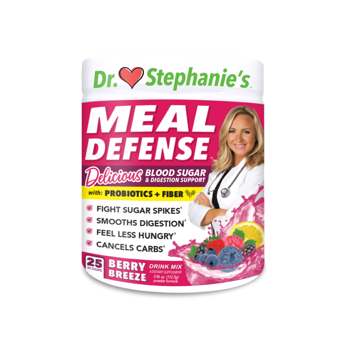 Dr. Stephanie's Meal Defense Drink Mix - with Prebiotics & Fiber - Berry Breeze Flavor - Probiotic Powder Supplement
