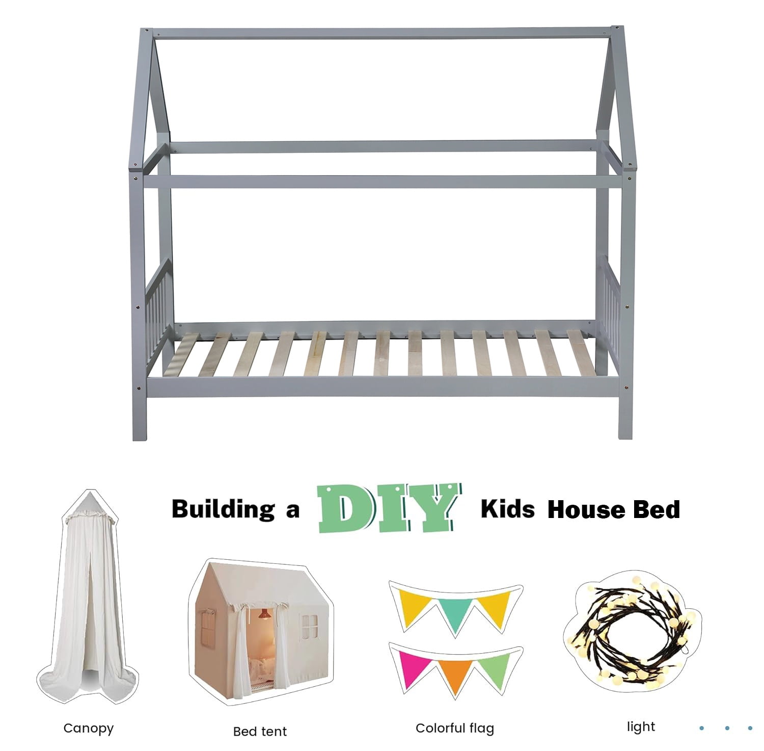 Bellemave Twin House Bed with Headboard and Footboard Sturdy Rubber Wood Platform Bed Frame, Montessori House Bed, No Box Spring Needed (Twin, Gray)