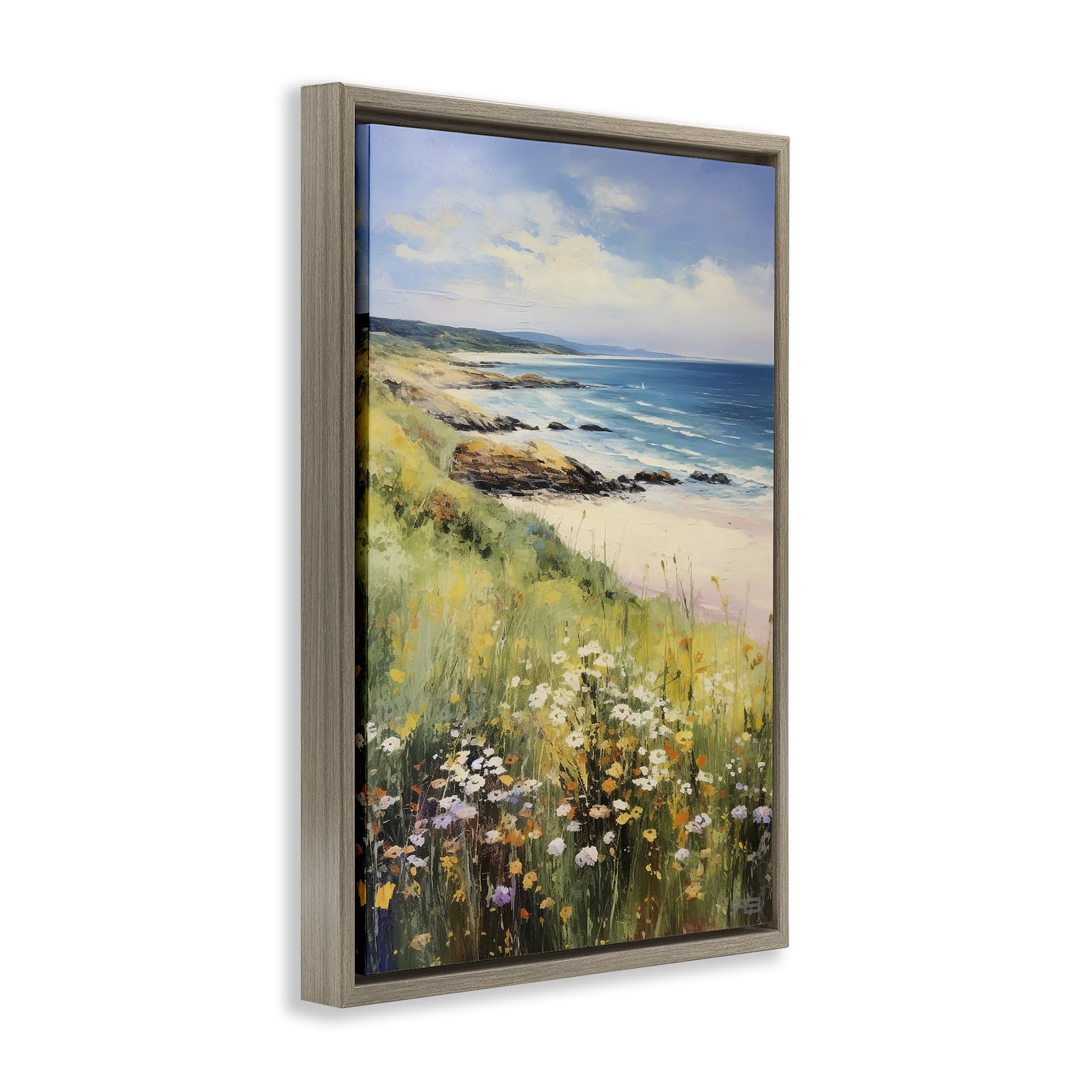 Stupell Industries Meadow Beside Beach Landscape Painting Brown Floater Framed Canvas Art Print Wall Art, 17 x 25