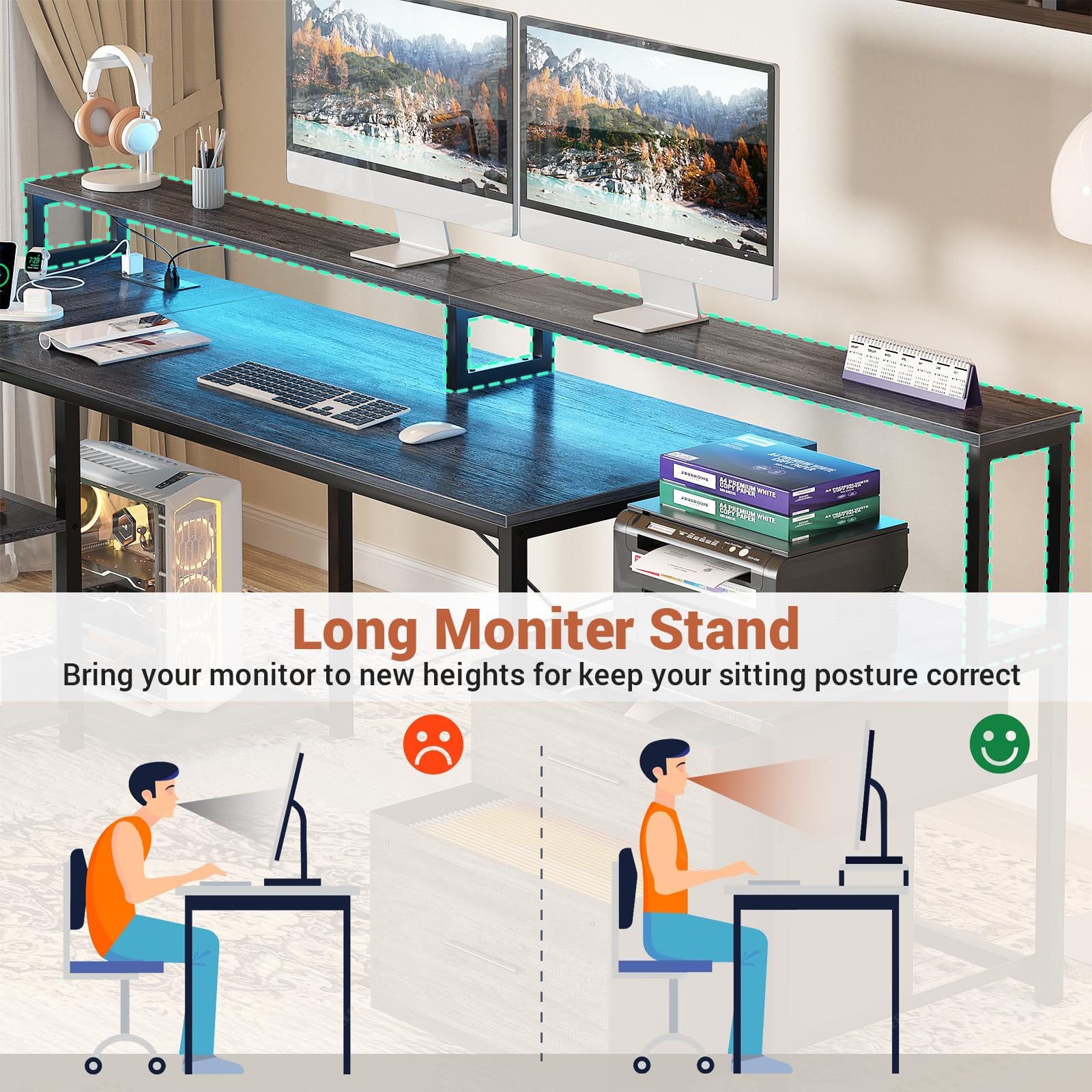 Homieasy 72.8" L Shaped Desk with File Drawer, Reversible Computer Desk with Power Outlet, LED Strip, Monitor Stand & Storage Shelf - Ideal for Gaming & Office, Black Oak