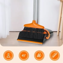 Household broom and dustpan set, solid plastic cleaning combination, long handle and vertical dust collection tray, used for office and hard floor cleaning, black and gray.