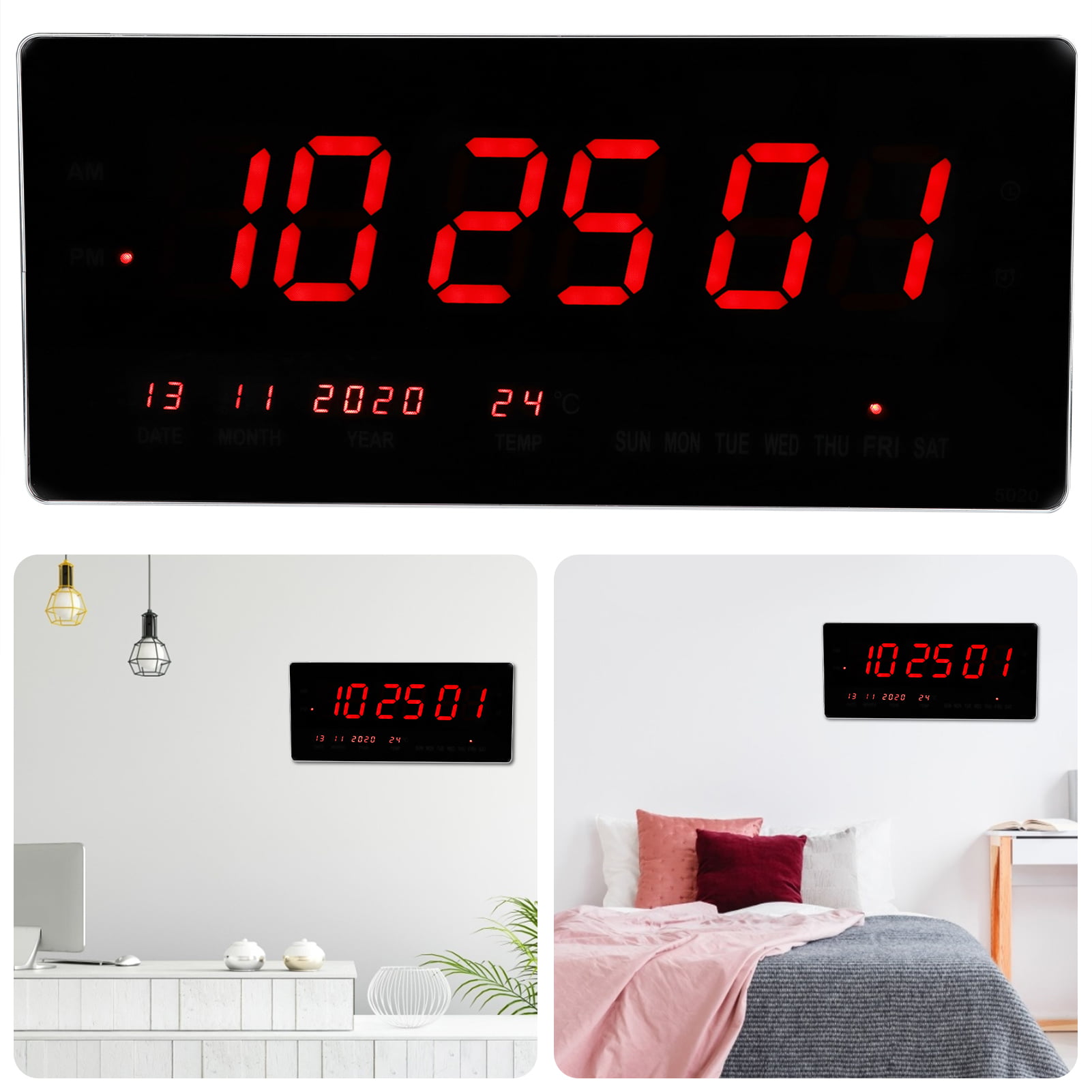 DEL Digital Horloge en alliage d'aluminium Horloges murales pour bureau chambre à coucher pratique 