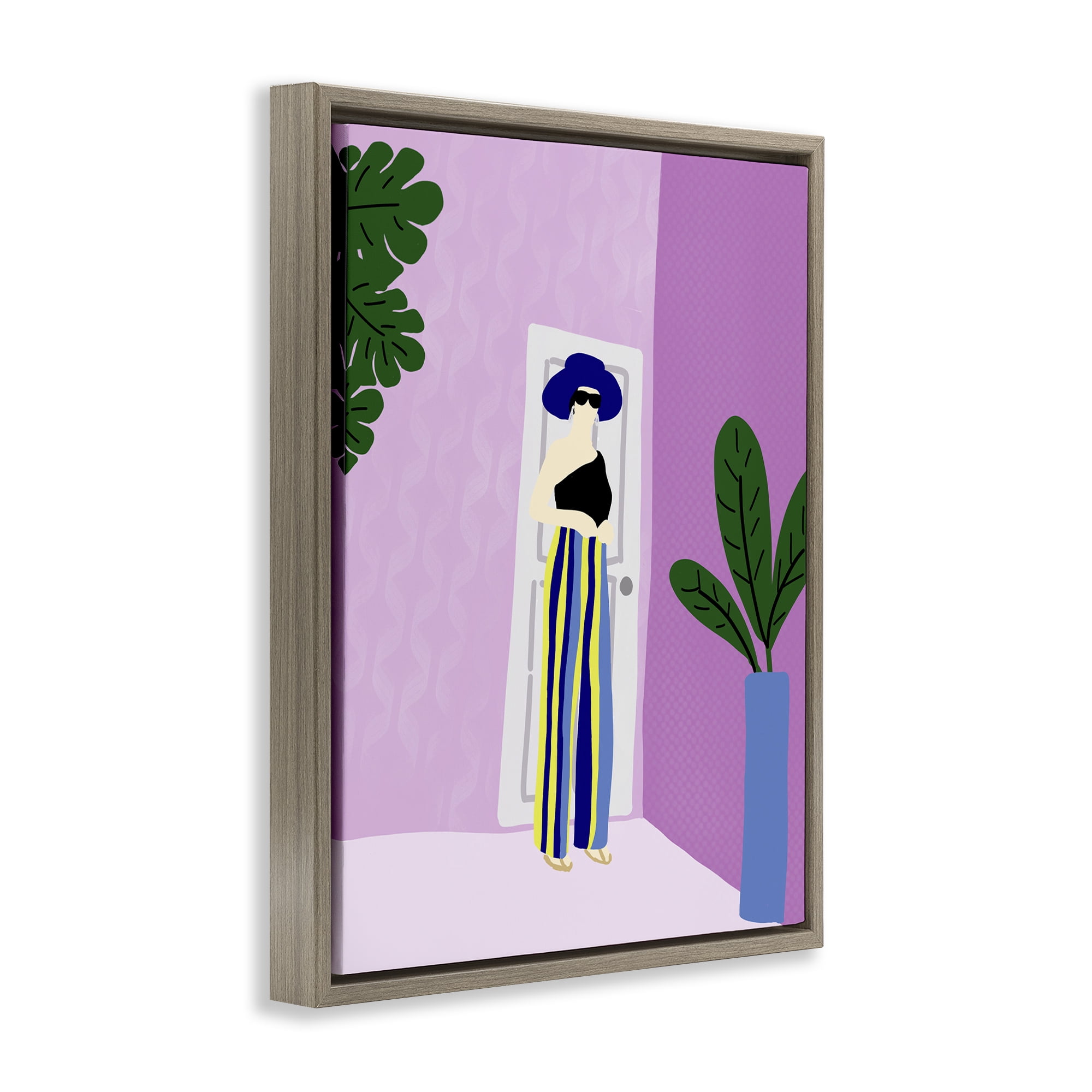 Stupell Industries Trendy Girl on Purple Novelty Painting Brown Floater Framed Art Print Wall Art, 25 x 31