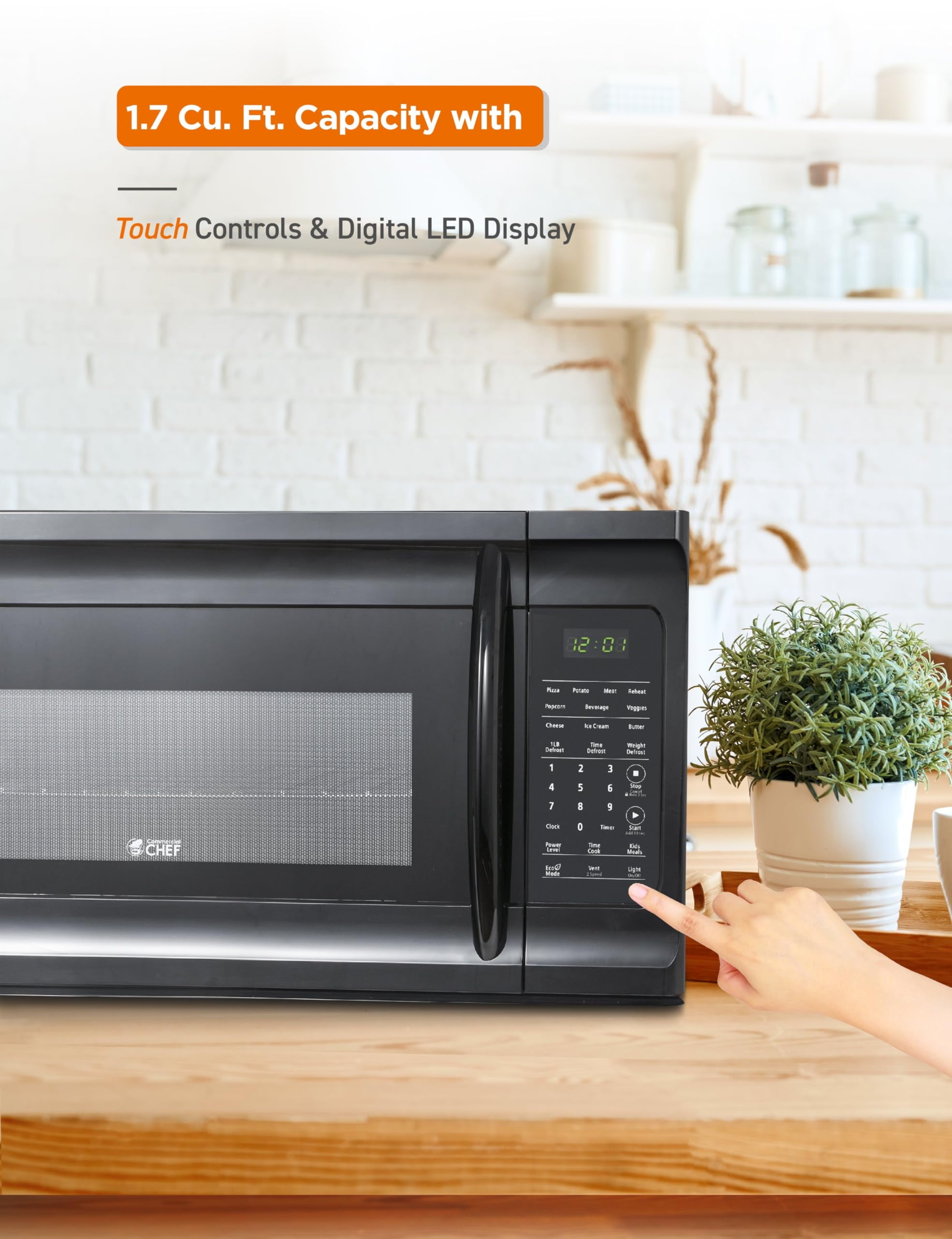 Commercial Chef 1.7 Cu. Ft. Over-The-Range Microwave Oven, 1000 Watt Microwave with 10 Power Levels, 300 CFM Hidden Vent Hood Fan, Touch Controls, LED Display, 10 Preset Options, CHMR17GB, Black