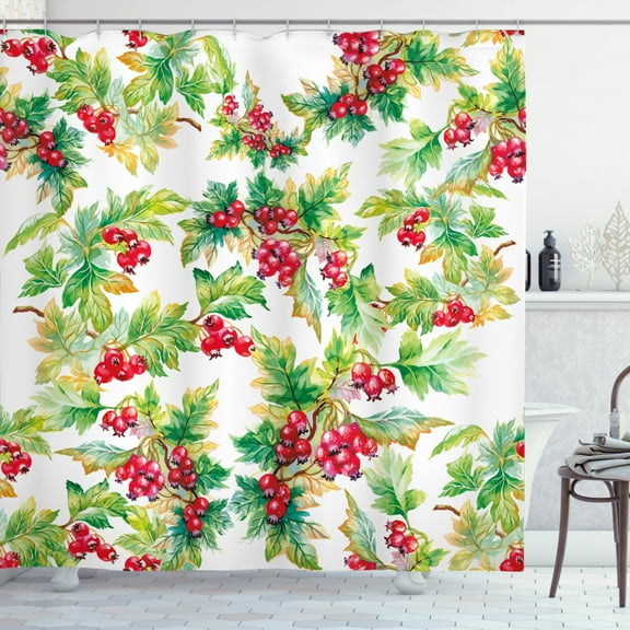 Ambesonne Rowan Shower Curtain, Watercolor Berries Winter, 69"Wx75"L, Scarlet Mustard Green