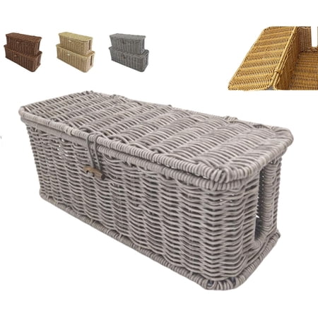 Handwoven Rattan Cable Management Box Hand-Woven Rattan Cable Organizer Box with Safety Lock Rattan Cable Management Basket Boho Decorative Cord Organizer & Wire Hider for Desk Nightstand