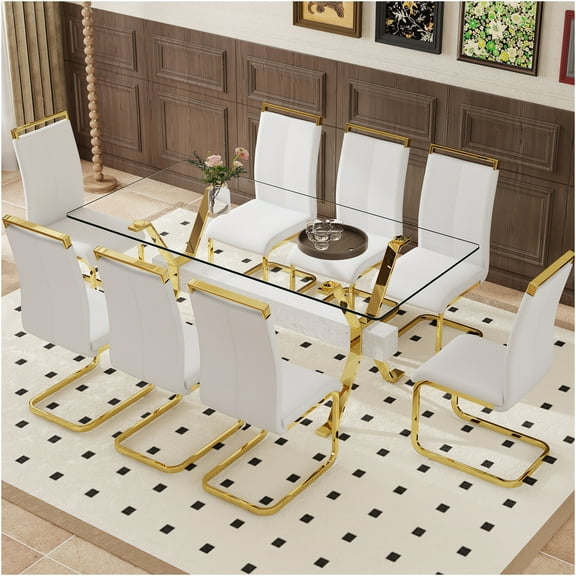 JERFIT 8-Person Dining Table Set with Tempered Glass Top and White PU Chairs, Gold Metal Legs, Modern Kitchen Restaurant Furniture