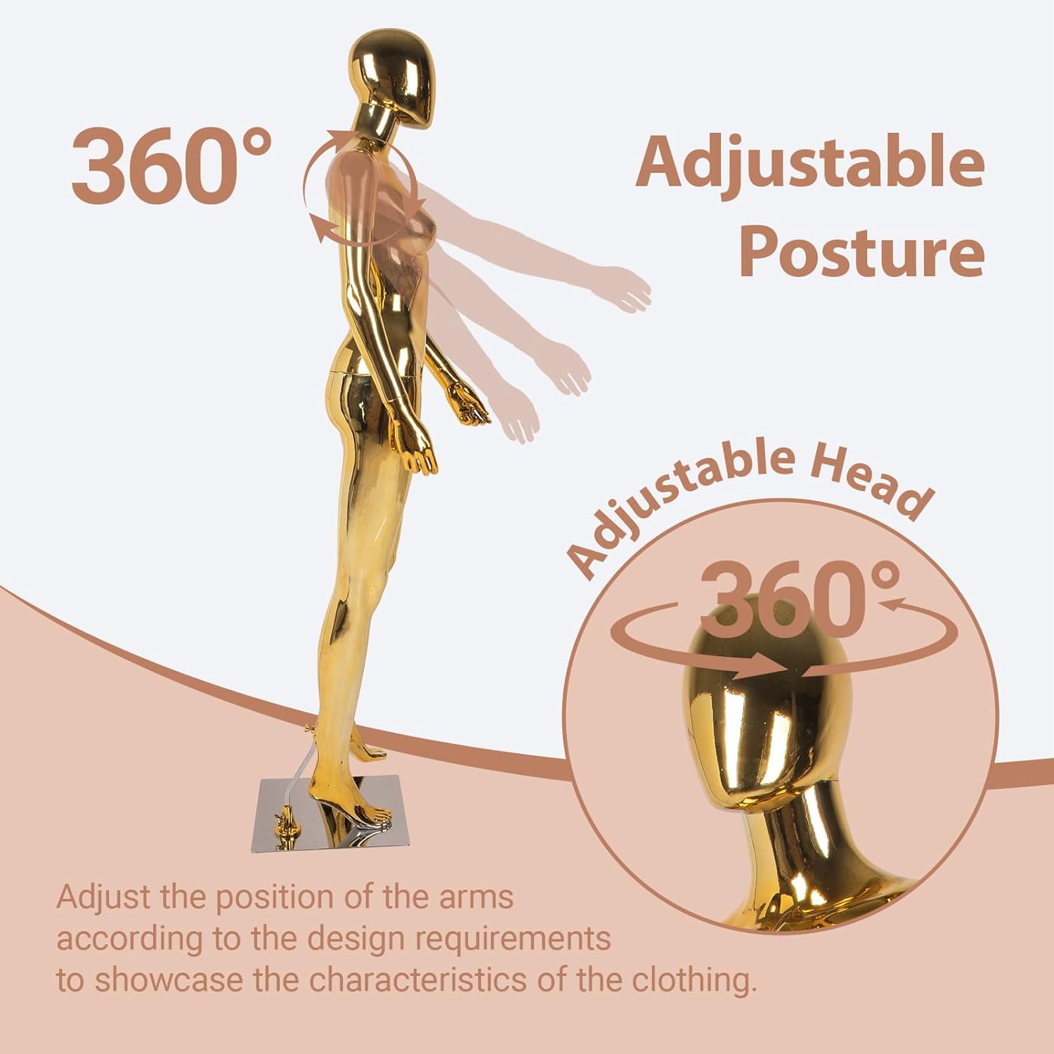 Kinbor Gold Full Body Female Mannequin - Elegant Tall Female Mannequin with Stable Metal Base, Manne quin Dress Form Display with Adjustable Head and Arms, Detachable Manikins