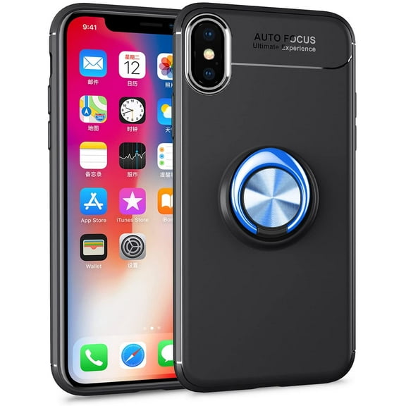 iPhone Xs Case,360 Degree Rotation Invisible Metal Ring Kickstand Protective Case Compatible Magnetic Car Mount Soft TPU Case Shockproof Anti-Scratch Ultra-Slim Cover,Black Blue