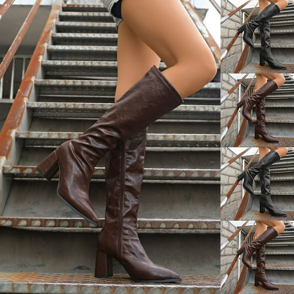 Bmawag Womens Knee High Boots Pointy Toe Chunky Heel Side Zipper Dressy Tall Boots Women Casual Comfort Fashion Autumn Winter Stovepipe Knight Boots Black 41