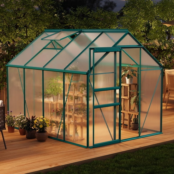 6x8 FT Polycarbonate Greenhouse – Outdoor Walk-In Greenhouse with Heavy Duty Aluminum Frame, Sliding Door, Adjustable Roof Vent & Rain Gutter for Backyard Gardening