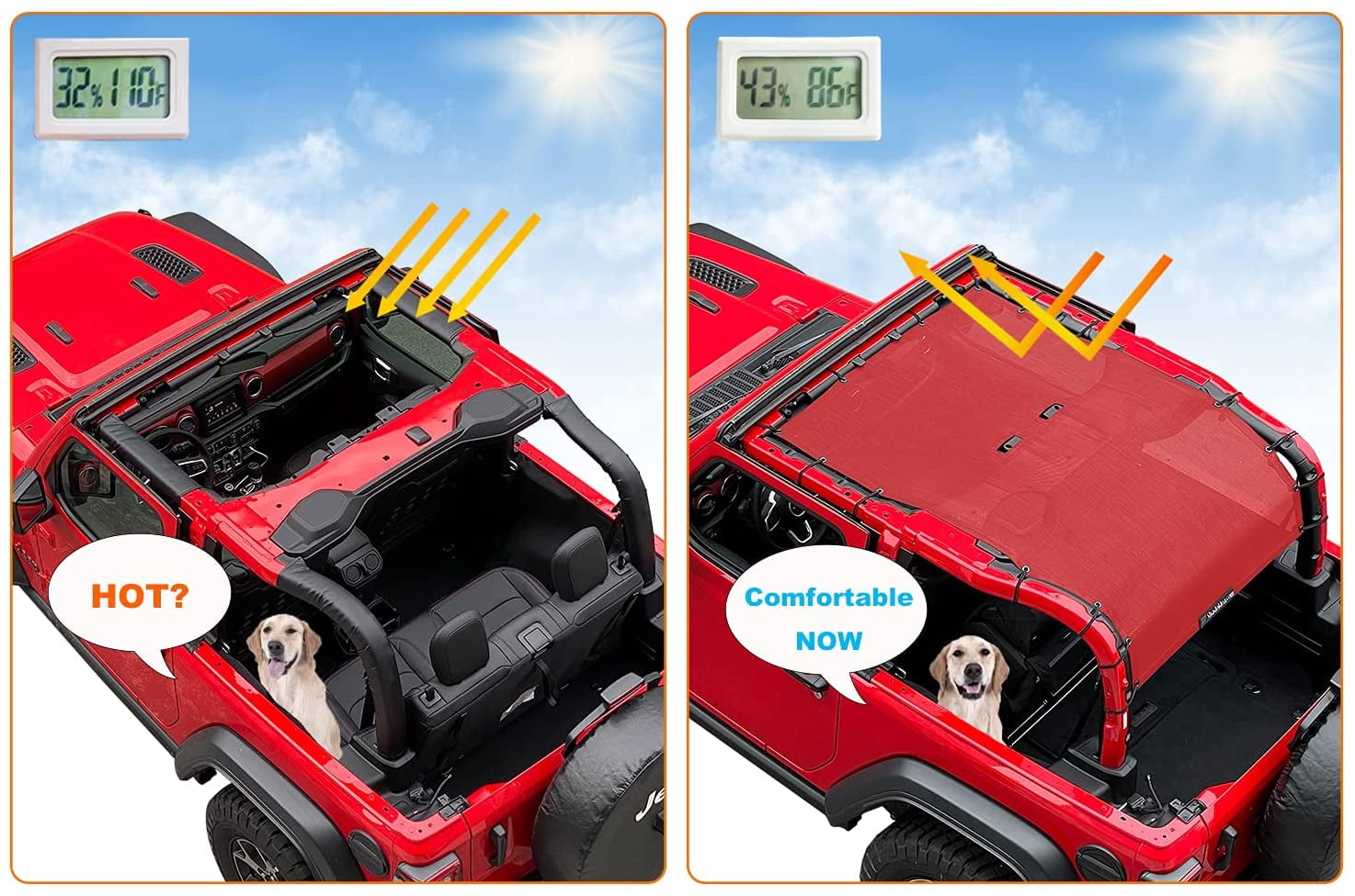 Shadeidea Jeep Wrangler Sunshade JL 2 Door (2018-Current) Sun Shade Front and Rear Trunk - Cherry Red Mesh Screen Top Cover UV Blocker with Grab Bag - 10 Years Warranty