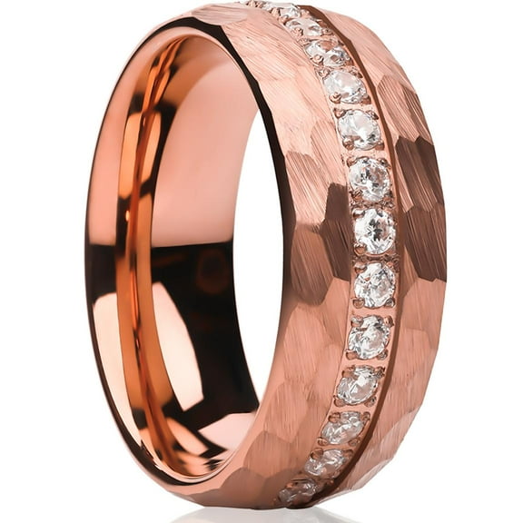 Rose Gold Tungsten Ring,8mm Wedding Ring,CZ Wedding Ring,Tungsten Carbide Ring,Engagement Ring,Hammered