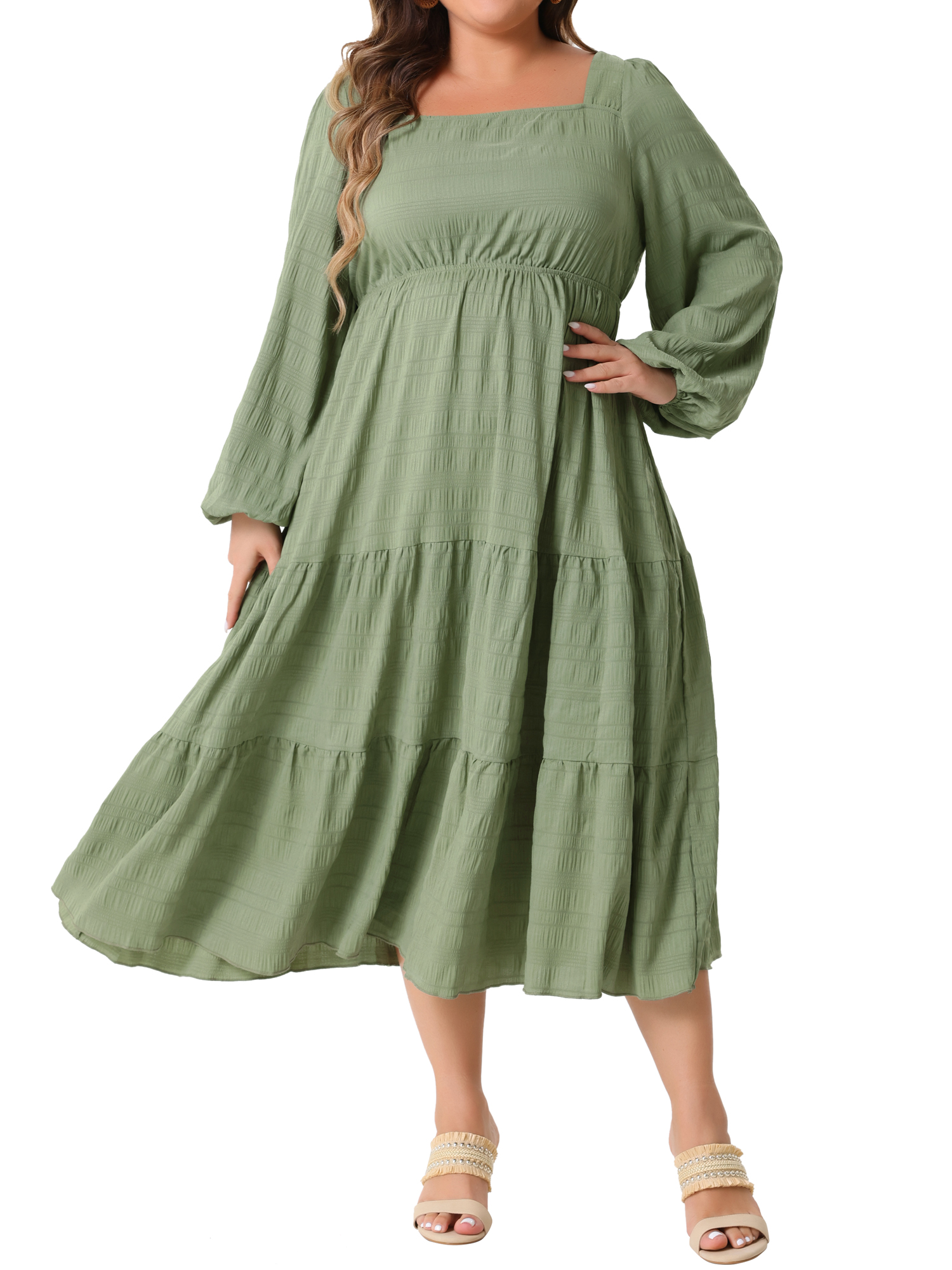 DARING DIVA Plus Size Casual Midi Square Neck Long SleeveTiered Dress 2X Green