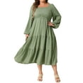 thumbnail image 2 of DARING DIVA Plus Size Casual Midi Square Neck Long SleeveTiered Dress 1X Green, 2 of 6