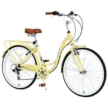 Juuar 24" Beach Cruiser Bike for Women, 7 Speed Steel Frame Comfort City Commuter Bicycle for Ladies, Yellow