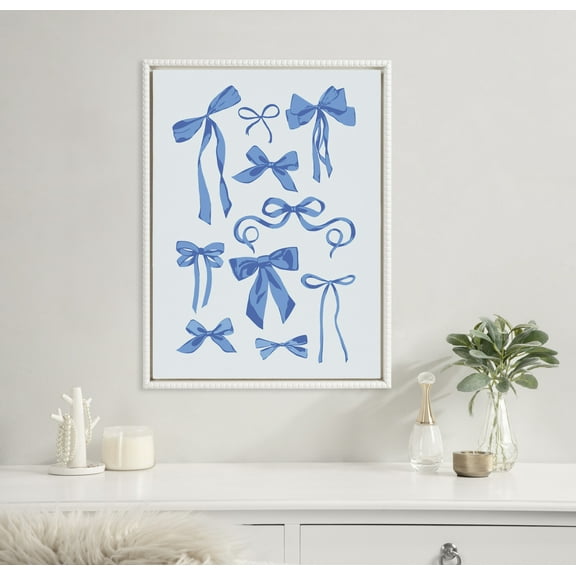 Kate and Laurel Sylvie Beaded Blue Bows Vintage Framed Canvas Wall Art by Honey Island Studio, 18x24 White, Cute Glam Blue Ribbon Art for Wall