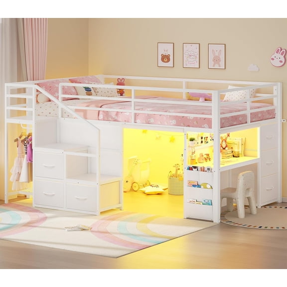 Toogaho Twin Size Low Loft Bed with Desk & 6 Storage Drawers,Metal Loft Frame with Storage Stairs & LED Lights & Under-Bed Play Space & Hanging Area,White