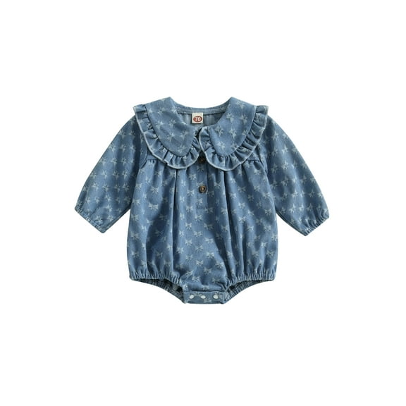 aturustex Toddler Baby Girls Bubble Rompers 0 3M 6M 12M 18M Infant Long Sleeve Babydoll Jumpsuits Doll Collar Bow Print Bodysuit Little Girl Fashion Loose Cute Casual Daily Spring Fall Clothes