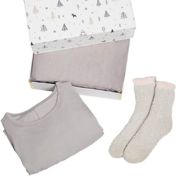 3 Piece Lounge Gift Set, Nightshirt, Socks and Throw Blanket, Small, Ash Gray