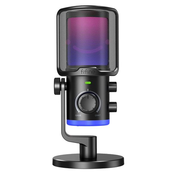 Fifine Gaming PC Microphone, Computer USB Microphone for Streaming Podcast Voice, Desktop Condenser RGB Mic with Quick Mute, Nois