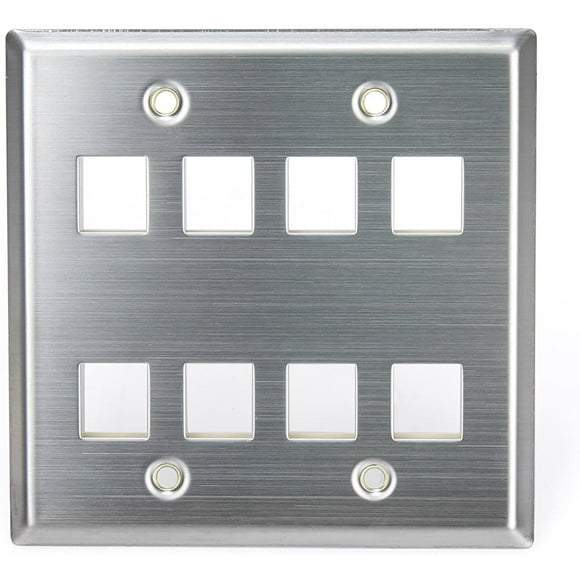 Leviton 43080-2S8 QuickPort Wallplate, Dual Gang, 8-Port, Stainless Steel