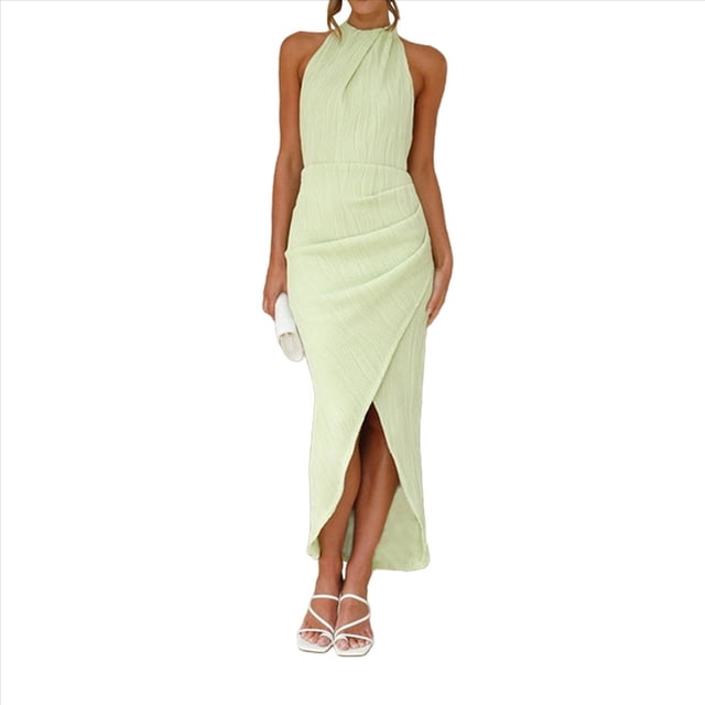 Vestido de Fiesta para Mujer, con Cuello Halter, Sin Mangas, con Abertura, Textura, Espalda Descubierta, Corte Entallado, Fruncido, Midi, para Cóctel Verde L