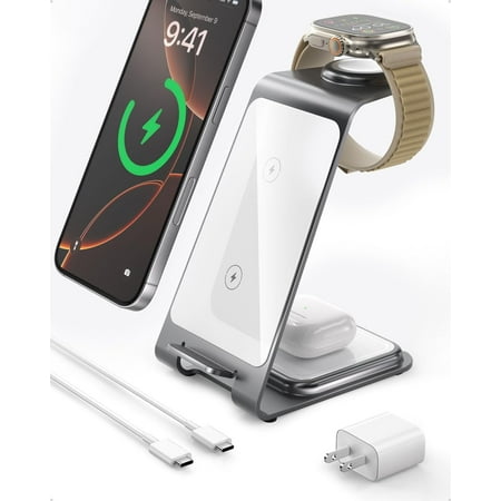 Mobii 3 in 1 Wireless Charger for iPhone 16 15 14 13 12 11 X Pro Max Wireless Charger for Apple Watch 10 Ultra 3 SE 9 8 7 6 5 4 3 2 and Wireless Charger for AirPods 4 Pro Pro 2 3(Silver)