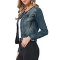 thumbnail image 4 of INSPIRE CHIC Women's Button Down Collarless Long Sleeve Cropped Denim Jacket M Washed Blue, 4 of 6