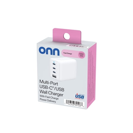 ONN 72W MULTI-PORT USB-C/USB-A WALL CHARGER, FAST CHARGING, USB-IF CERTIFIED, FOLDABLE PLUG, WHITE – COMPATIBLE WITH IPHONE, IPAD, AIRPODS, SAMSUNG GALAXY, NOTE, PIXEL & MORE