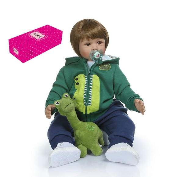 Yeacher Decdeal 24 inch Baby Doll Big Size Lifelike Silicone Rebirth Dolls Soft Touch Dolls for Kids Birthday Toddler Gift with Green Coat and Dinosaur Toy