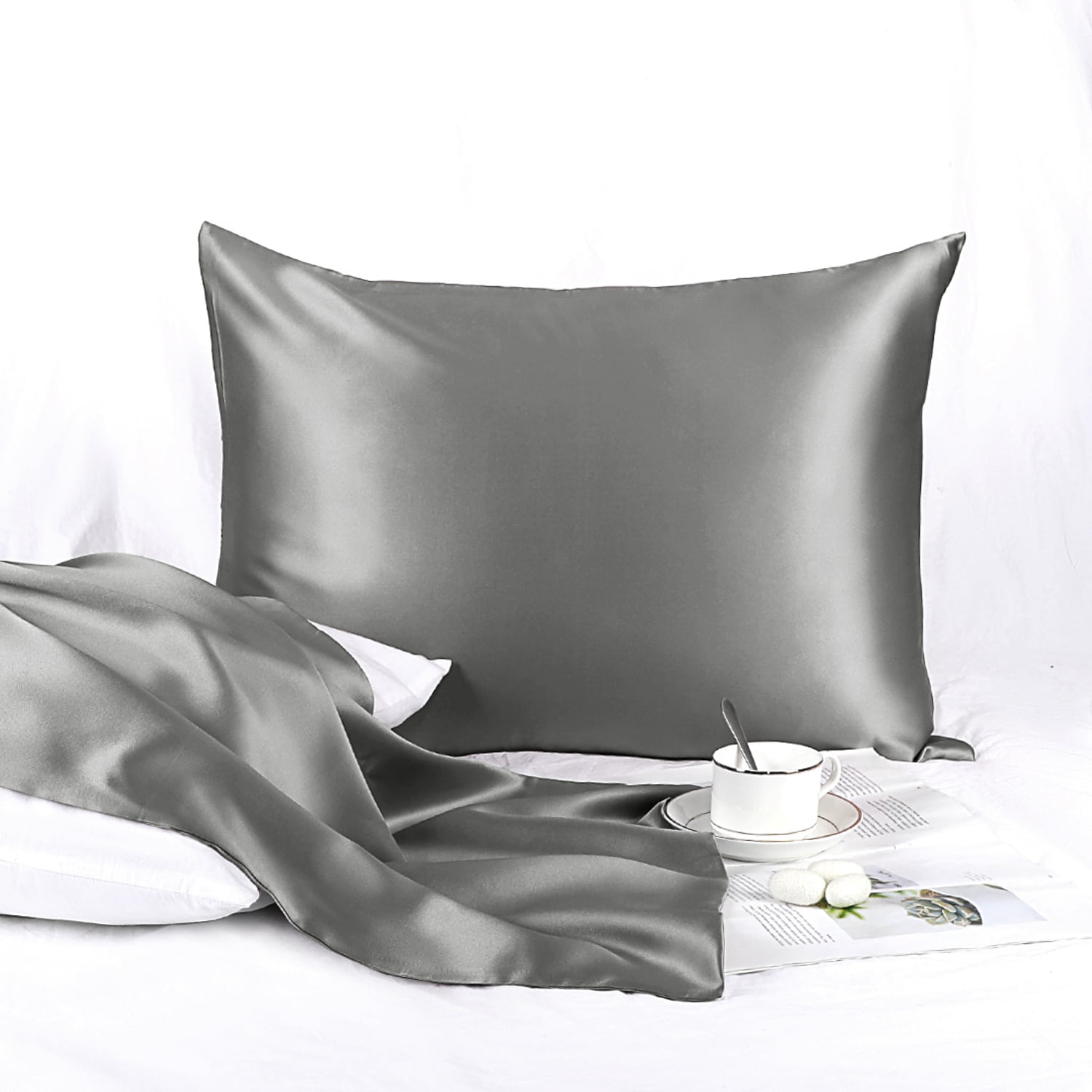 REGALWOVEN 25 Momme Silk Pillowcase with Zipper Closure, Grey 20"x30"