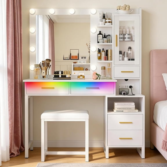 Tocador, Vanity con Luces LED RGB Ajustable y Estación de Carga, Tocador con Taburete, 5 Cajones, 1 Puertas, Escritorio de Maquillaje y Silla para Dormitorio, 100 * 40 * 149cm