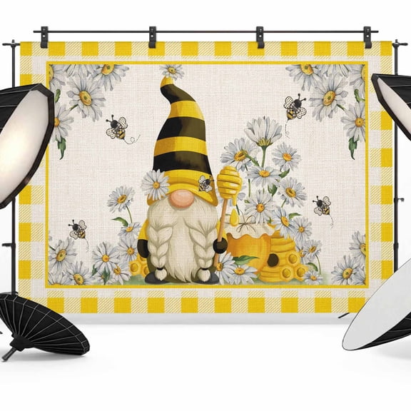 10x8ft Photo Backdrop, Yellow Gnomes Soft Polyester Backdrop Curtains Photography Backdrops, Summer Vintage Bees Daisy Flower Plaid Brushed Background for Photoshoots Studio Video Portrait Parties
