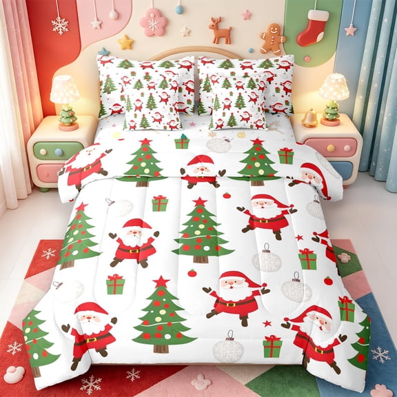 Manfei Western Xmas Festive 7-Piece Twin Bedding,Kawaii Christmas Tree Bedding Comforter Set,Xmas Reversible