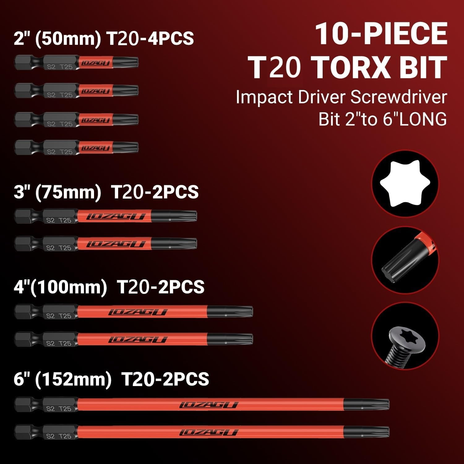 MKEUDQ-10-Piece T20 Torx Bits, 2'' to 6'' (50-152mm), Magnetic T20 Torx Bits for Impact Driver, 1/4 Inch Hex Shank | S2 Steel