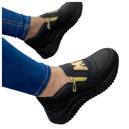 Oyedens Wedge Walking Shoes for Women Fashion M Letter Zipper Slip on Loafers Casual Work Sneakers