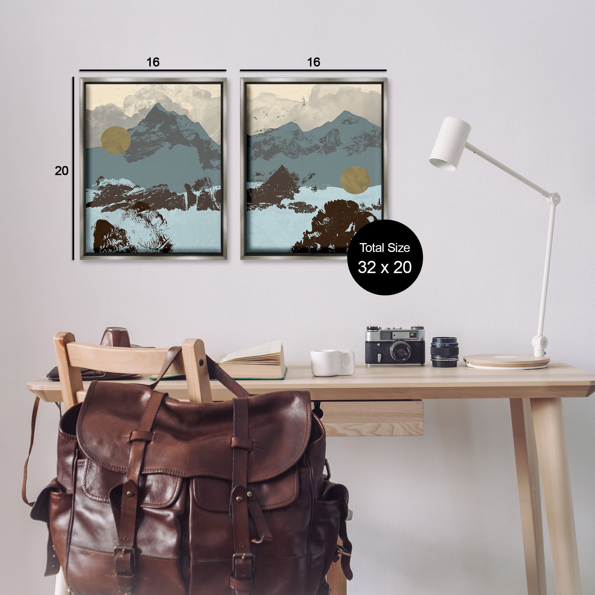 Stupell Industries Mountain Range over Abstract Landscape Painting Gray Floater Framed Canvas Art Print Wall Art, 17 x 21, Set of 2
