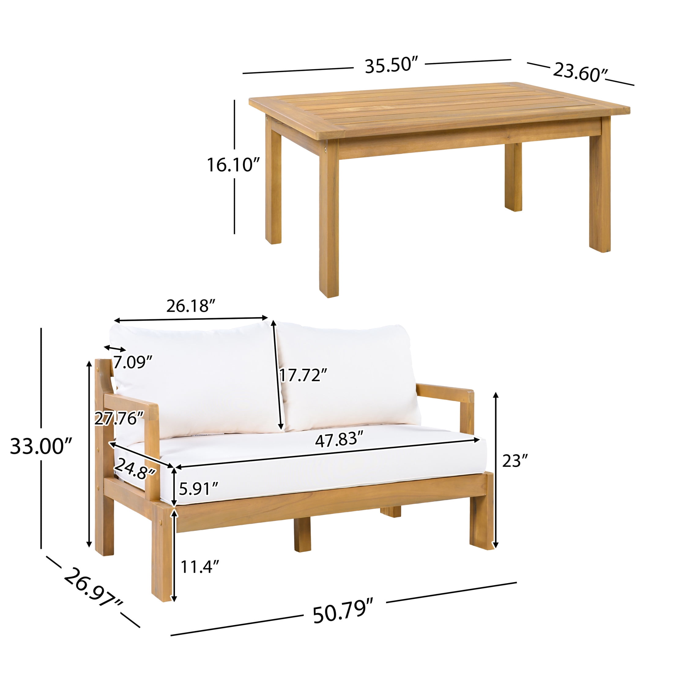 Christopher Knight Home 2-Piece Outdoor Patio Chat Set, Sofa with Coffee Table, Natural + Beige