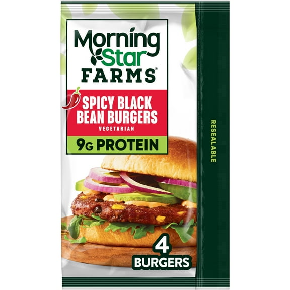 MorningStar Farms Vegetarian Spicy Black Bean Veggie Burgers, 9.5 oz, 4 Count (Frozen)