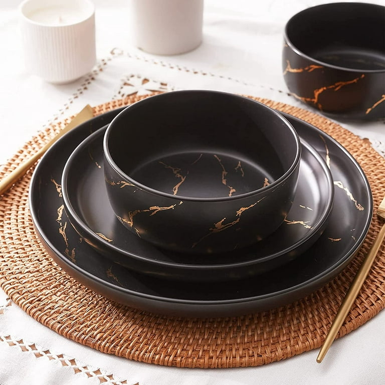 Pokini Gold Splash Dinnerware Sets, 12-Pieces Plates and Bowls Sets, Modern  Marble Porcelain, Dishes Set for 4, Black 
