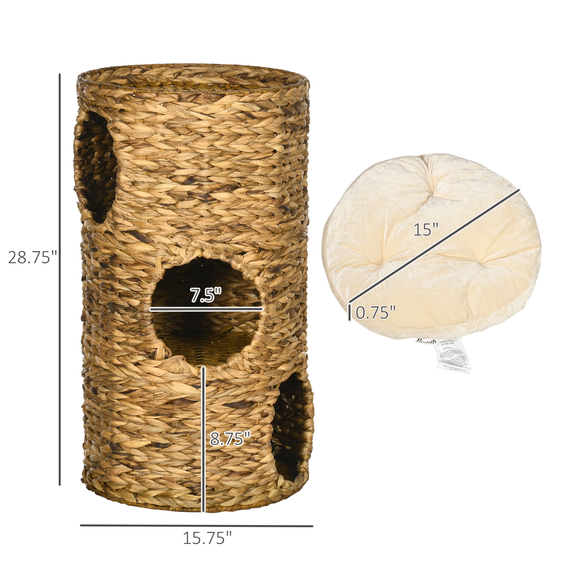 Elevated Cat Bed Tower with 3 Hideaways & 4 Plush Cushions, Multi-Layer Hand-Woven Water Hyacinth Cat Cave, Space-Saving Raised Kitten Resting Perch for Indoor Cats