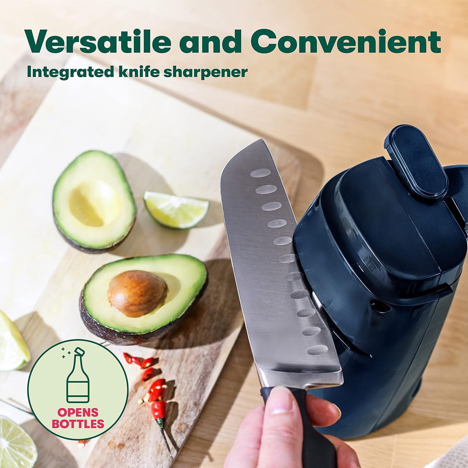 Electric Can Opener and Knife Sharpener, Multifunctional Jar and Bottle Opener with Removable Cutting Lever and Cord Storage, Stainless Steel Blade, Sage