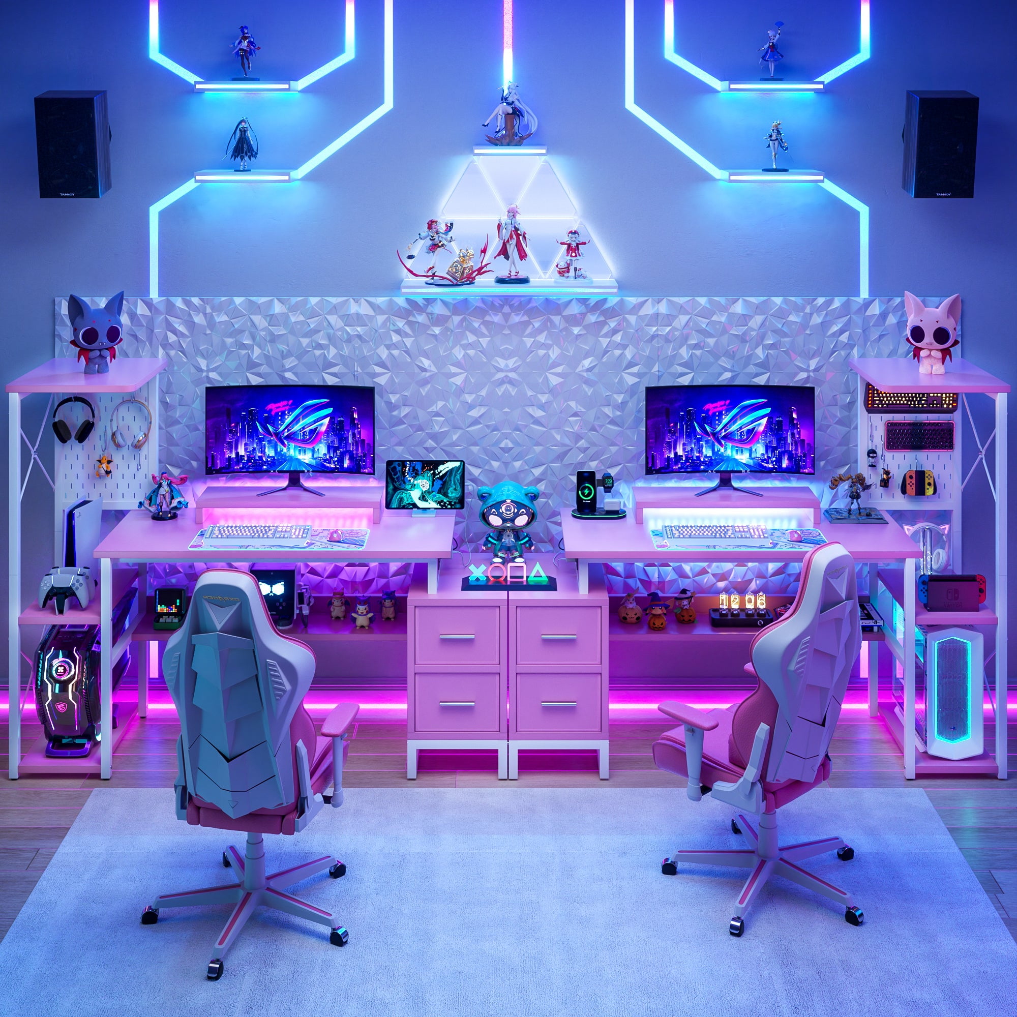 Homieasy 53" Gaming Desk with 2 Fabric Drawers & LED Lights, Reversible Computer Gaming Desk with Power Outlets, Writing Desk with Monitor Stand for Home & Office, with Pegboard, Pink